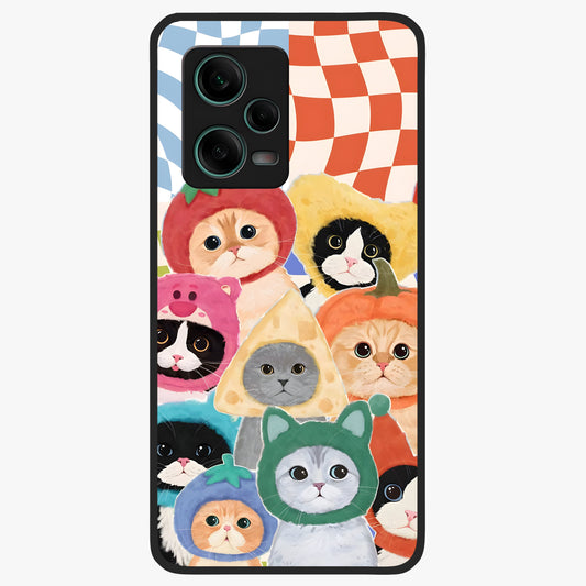 Cats in Fruits Glass Case showing flat back view with playful cat illustrations inside fruit artwork and glossy glass finish.
