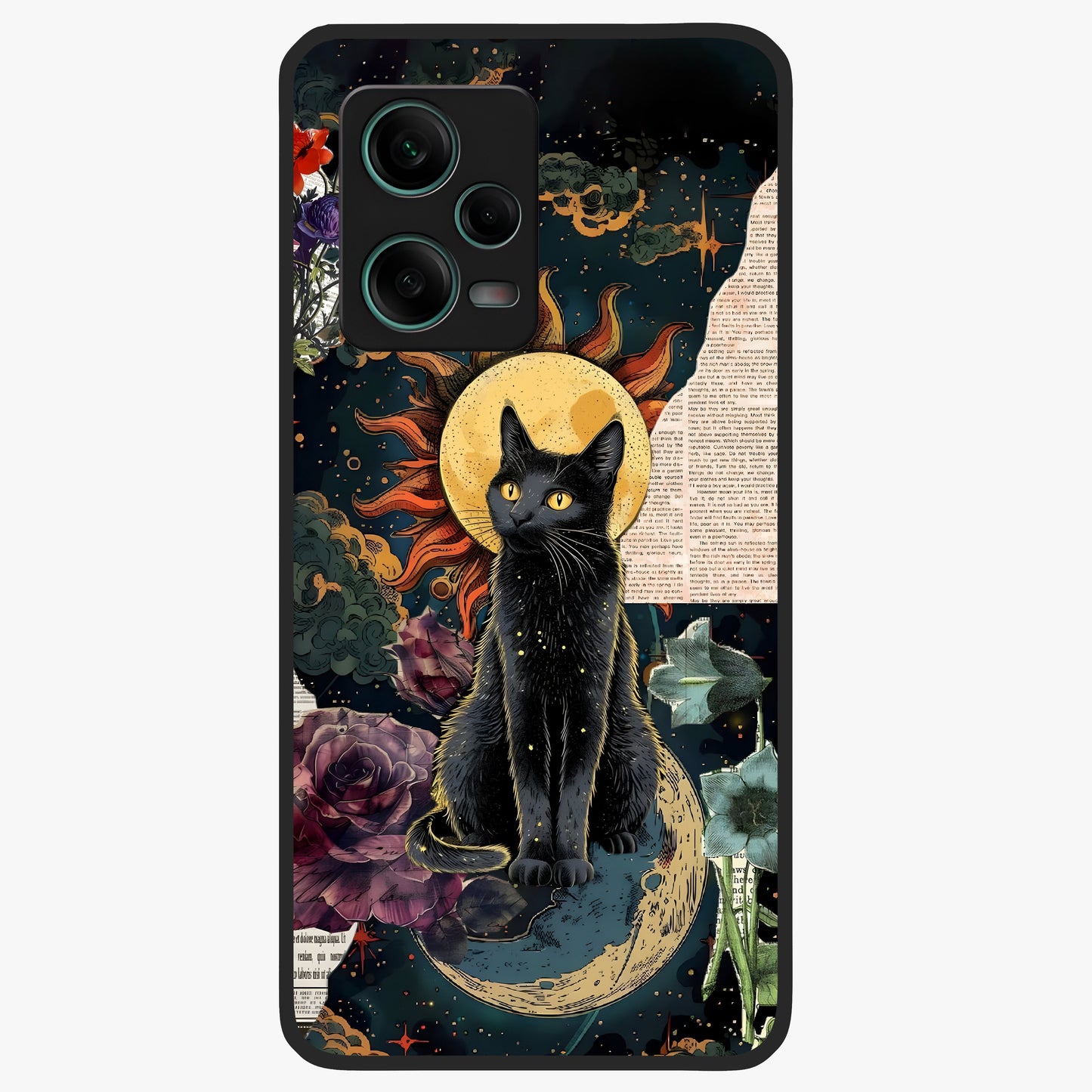 Celestial Black Cat Glass Case showing flat back view with mystical black cat artwork and glossy glass finish.
