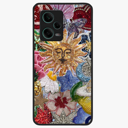 Celestial Floral and Playful Glass Case showing flat back view with floral and celestial themed artwork and glossy glass finish.