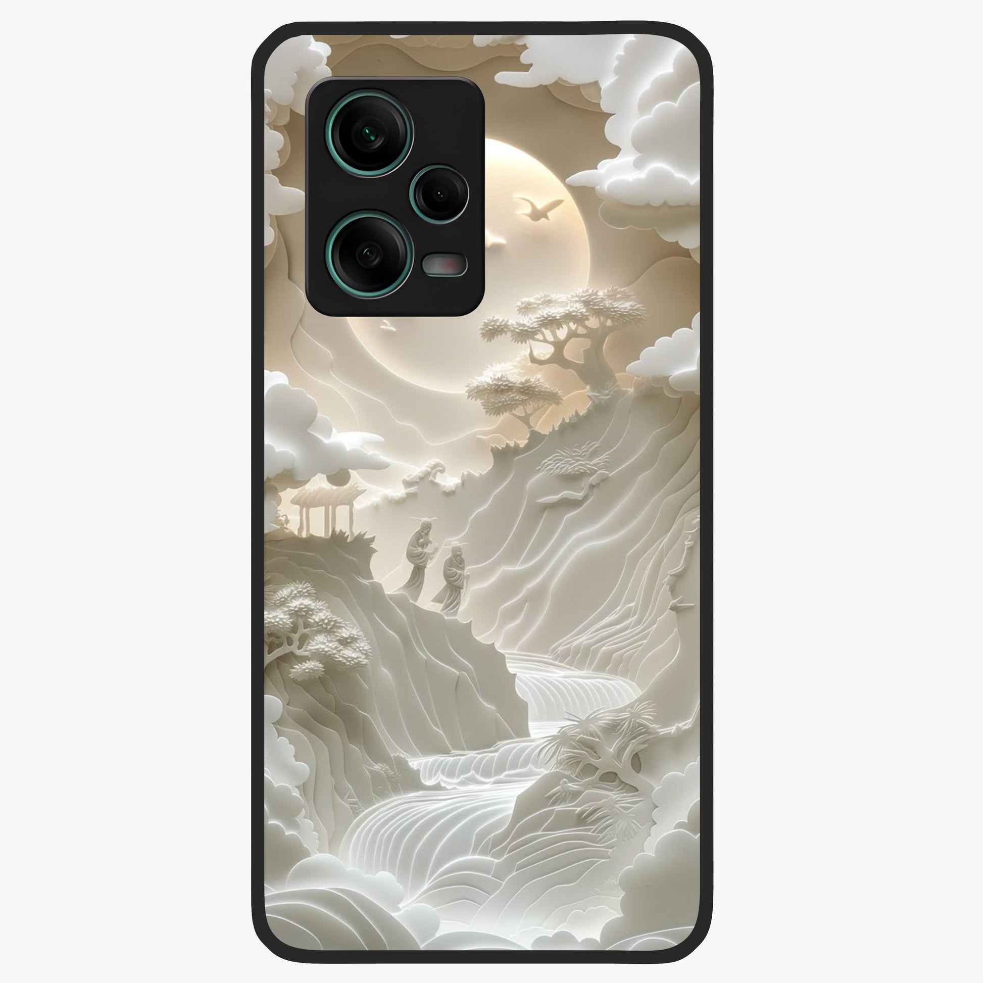 Celestial Origami Glass Case showing flat back view with artistic origami inspired celestial artwork and glossy glass finish.