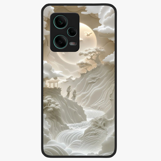 Celestial Origami Glass Case showing flat back view with artistic origami inspired celestial artwork and glossy glass finish.