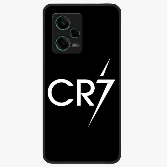 Cr7 Elite Strike Glass Case showing flat back view with dynamic football inspired artwork and glossy glass finish.