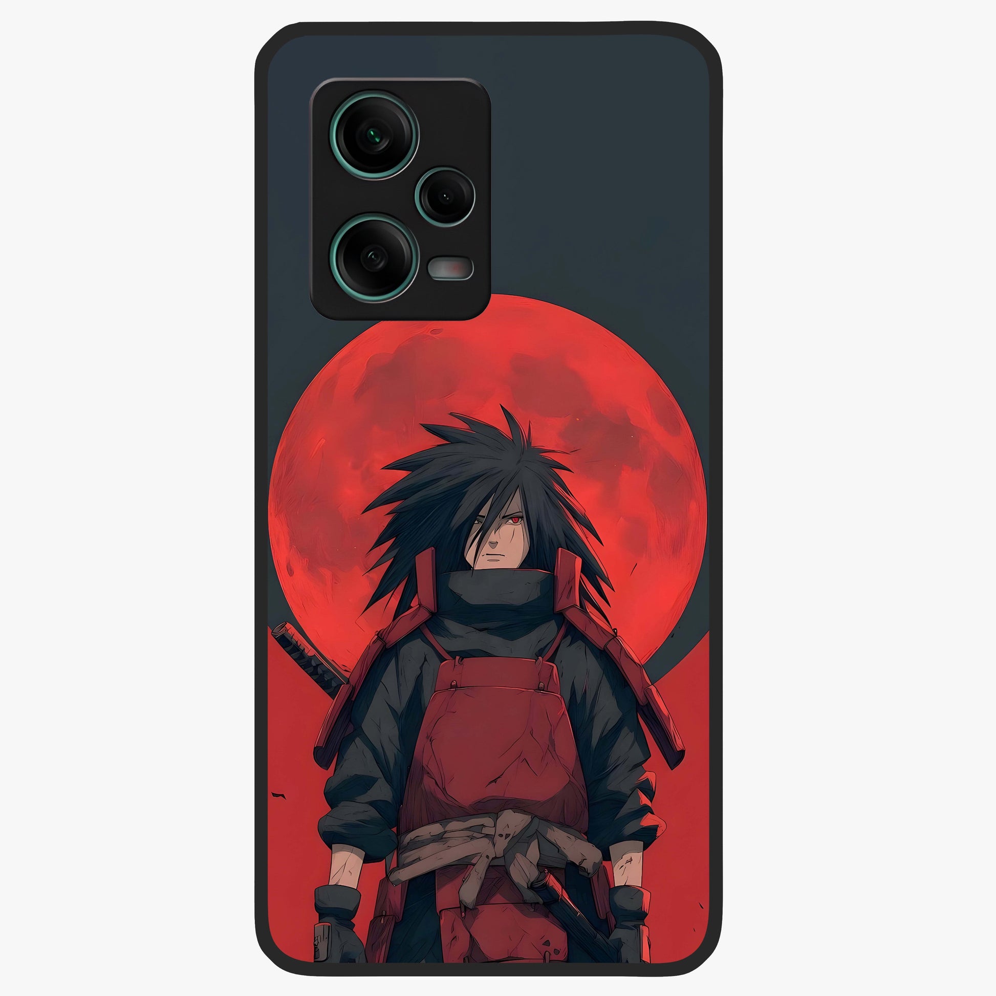 Crimson Moon Warlord Glass Case showing flat back view with mystical moon warrior artwork and glossy glass finish.