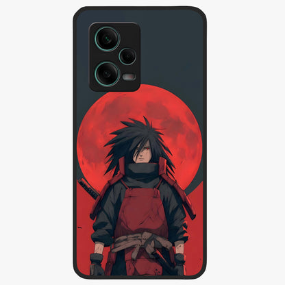 Crimson Moon Warlord Glass Case showing flat back view with mystical moon warrior artwork and glossy glass finish.