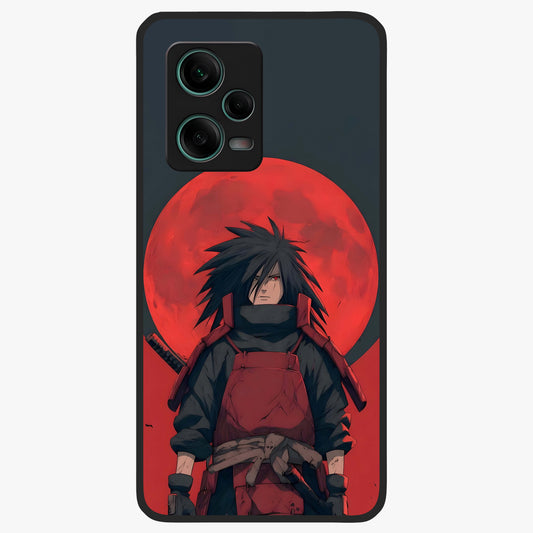 Crimson Moon Warlord Glass Case showing flat back view with mystical moon warrior artwork and glossy glass finish.
