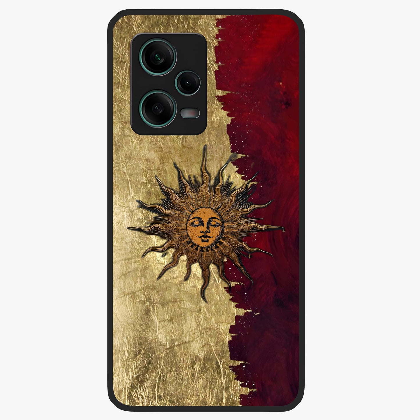 Crimson Sun Majesty Glass Case showing flat back view with radiant sun inspired artwork and glossy glass finish.