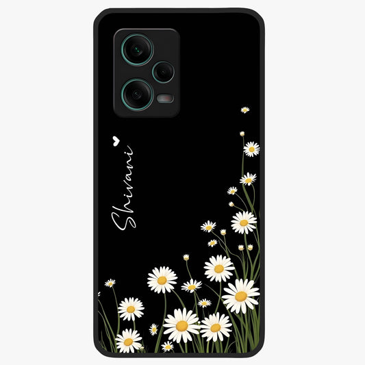 Daisy Cascade Custom Name Glass Case showing flat back view with cascading daisy flowers and personalized name design.