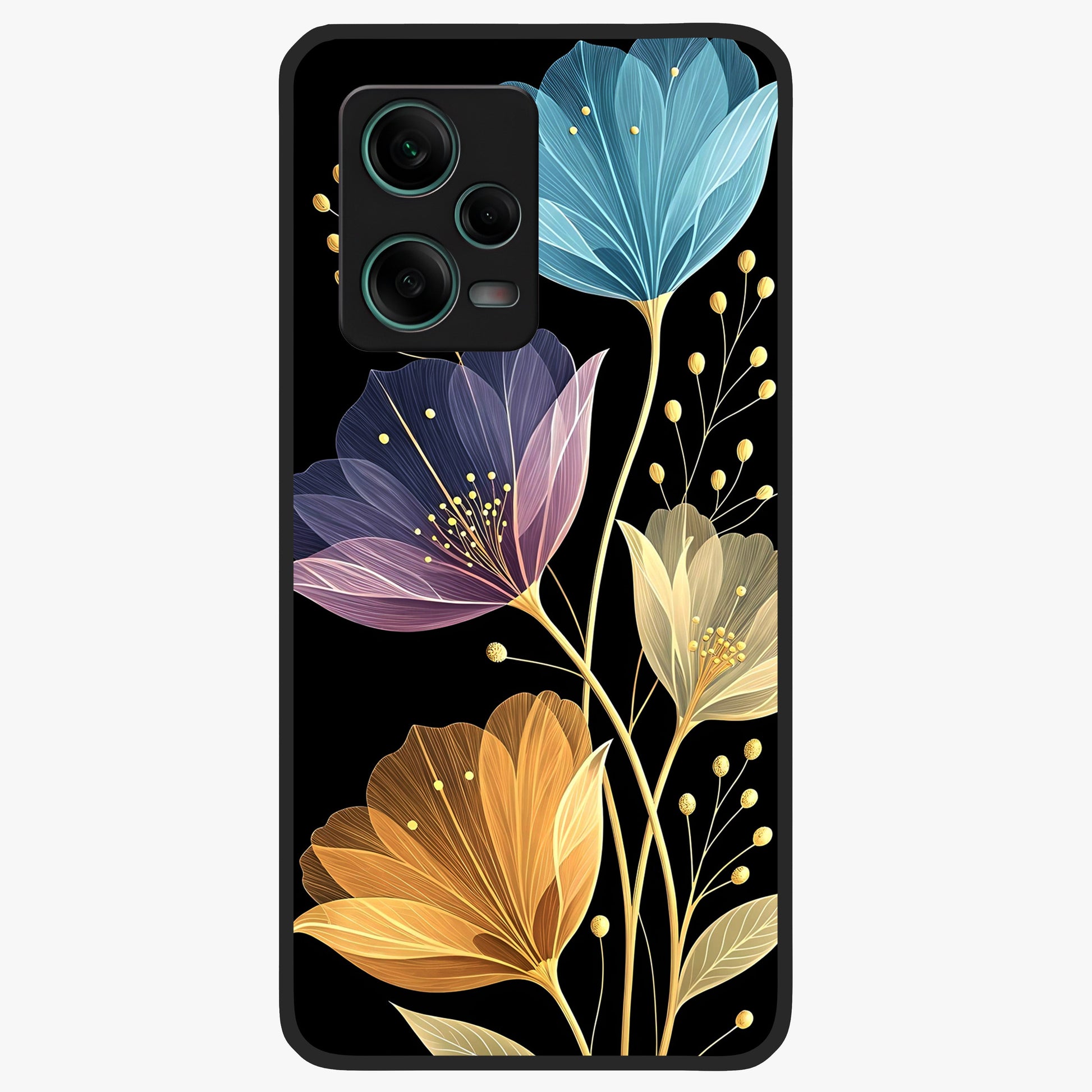 Delicate Multicolor Flowers Glass Case showing flat back view with vibrant floral artwork and glossy glass finish.