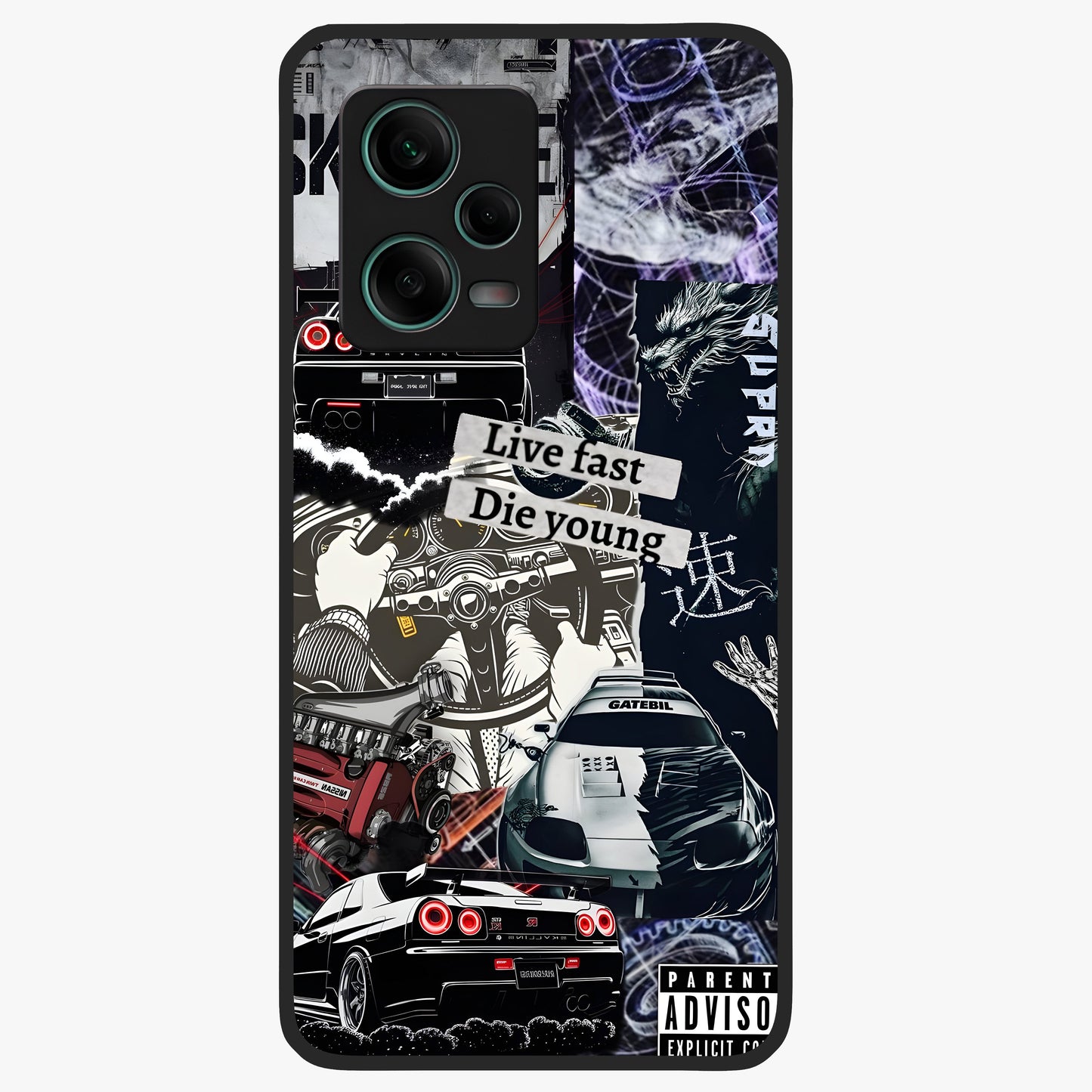 Die Young Glass Case showing flat back view with bold artistic typography design and glossy glass finish.