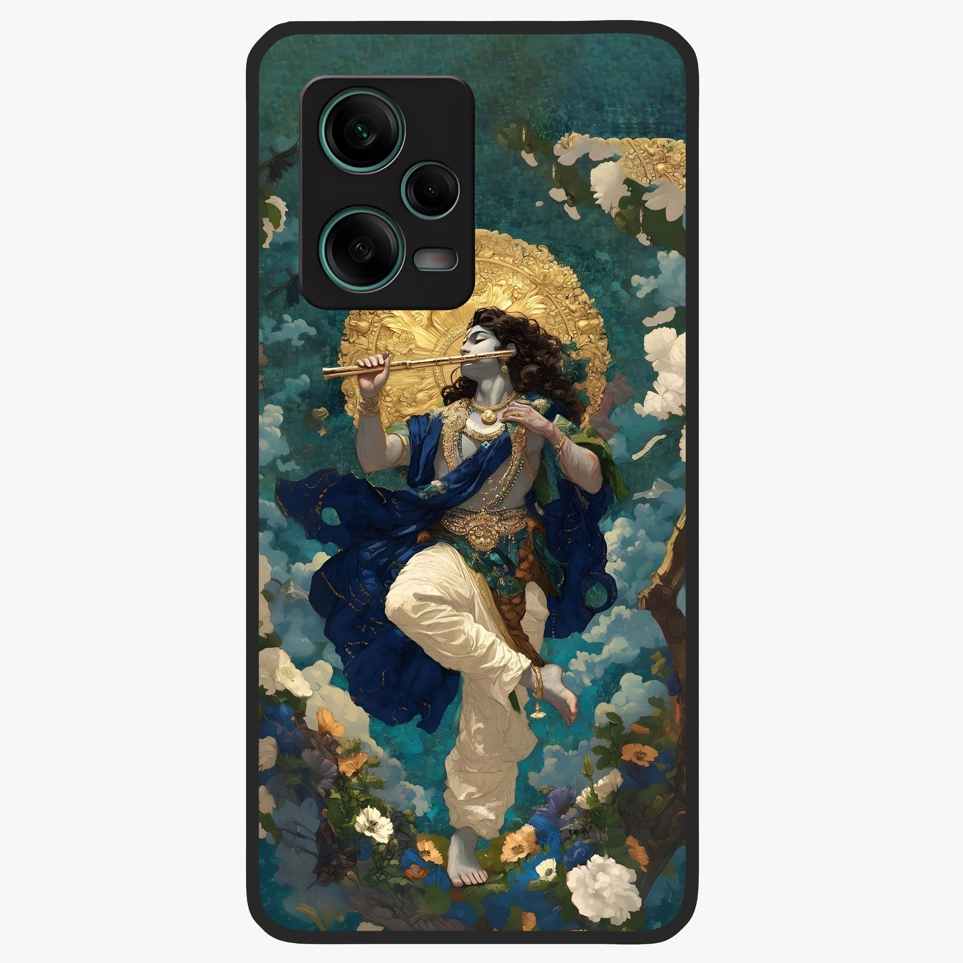 Divine Krishna Art Glass Case showing flat back view with Lord Krishna artwork and glossy glass finish.