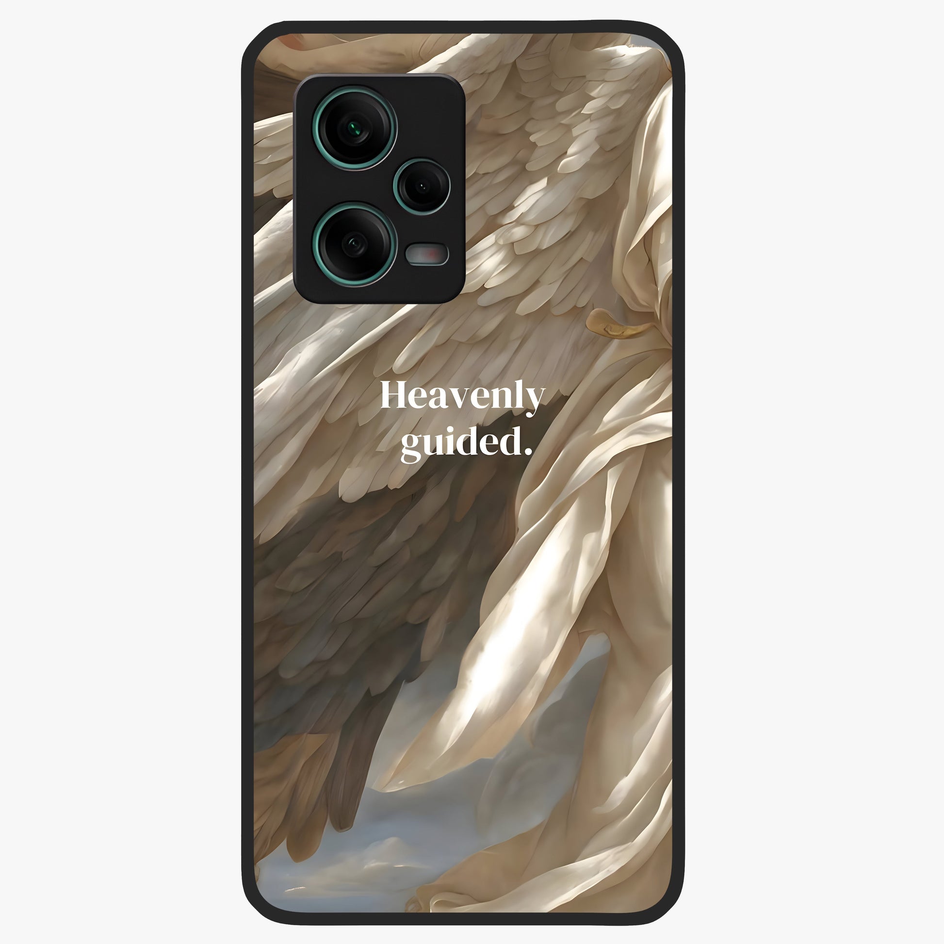 Divine Winged Grace Glass Case showing flat back view with elegant wing inspired artwork and glossy glass finish.
