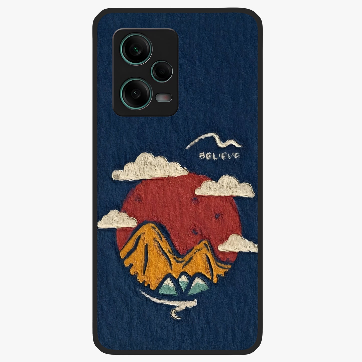 Dream Beyond Mountains Glass Case showing flat back view with scenic mountain landscape artwork and glossy glass finish.