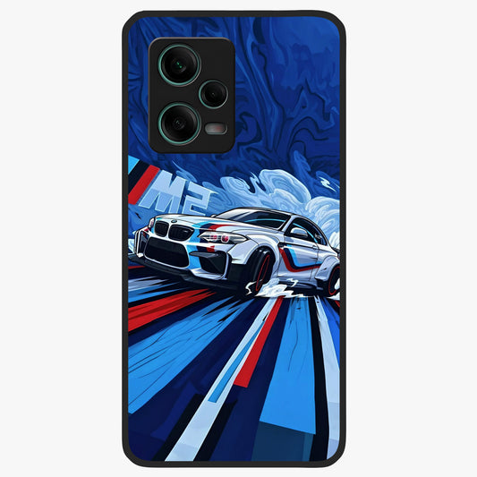Drift Power Rush Glass Case showing flat back view with dynamic racing inspired artwork and glossy glass finish.