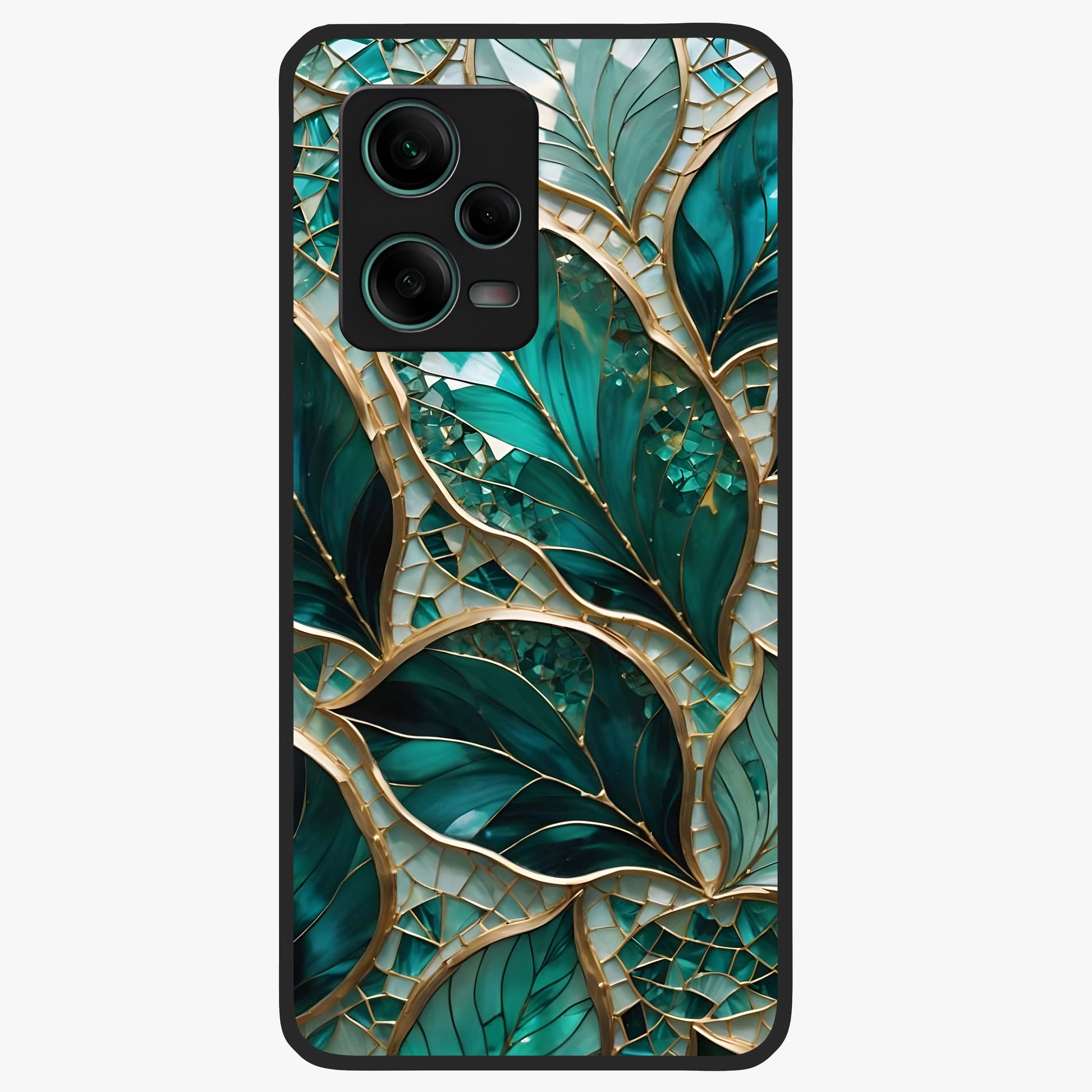 Emerald Leaf Glass Glass Case showing flat back view with emerald green leaf artwork and glossy glass finish.