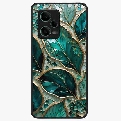 Emerald Leaf Glass Glass Case showing flat back view with emerald green leaf artwork and glossy glass finish.