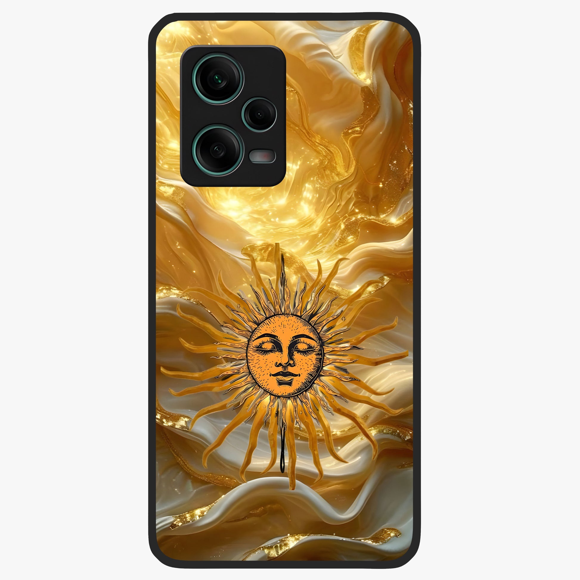Eternal Golden Glow Glass Case showing flat back view with radiant golden themed artwork and glossy glass finish.