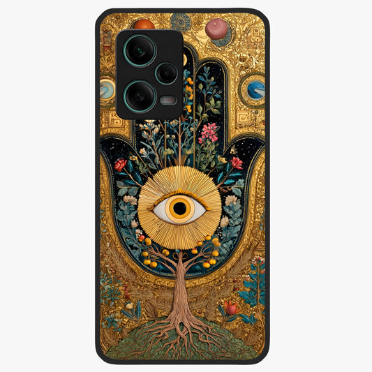 Ethereal Evil Eye Glass Case showing flat back view with mystical evil eye artwork and glossy glass finish.
