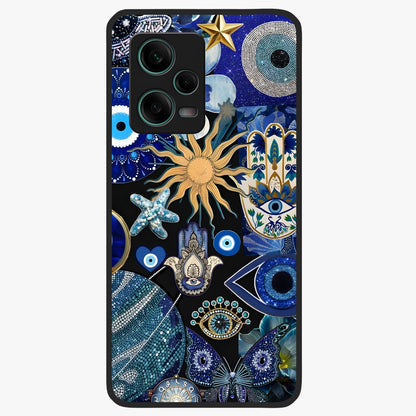 Evil Eye Charm Mix Glass Case showing flat back view with multiple evil eye charms artwork and glossy glass finish.
