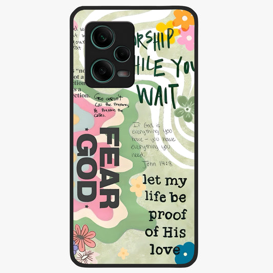 Faith Over Fear Glass Case showing flat back view with motivational typography artwork and glossy glass finish.