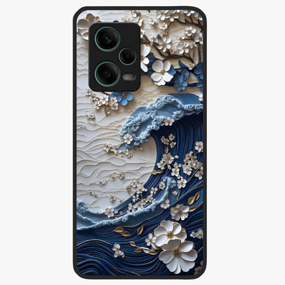 Floral Wave Origami Glass Case showing flat back view with origami inspired floral wave artwork and glossy glass finish.
