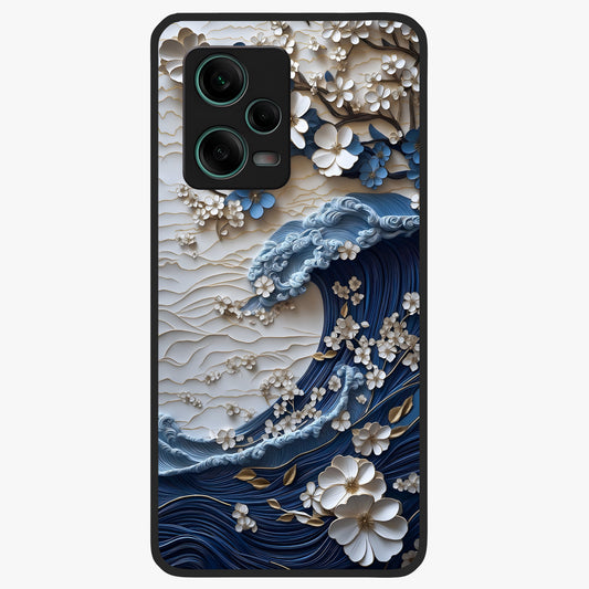Floral Wave Origami Glass Case showing flat back view with origami inspired floral wave artwork and glossy glass finish.