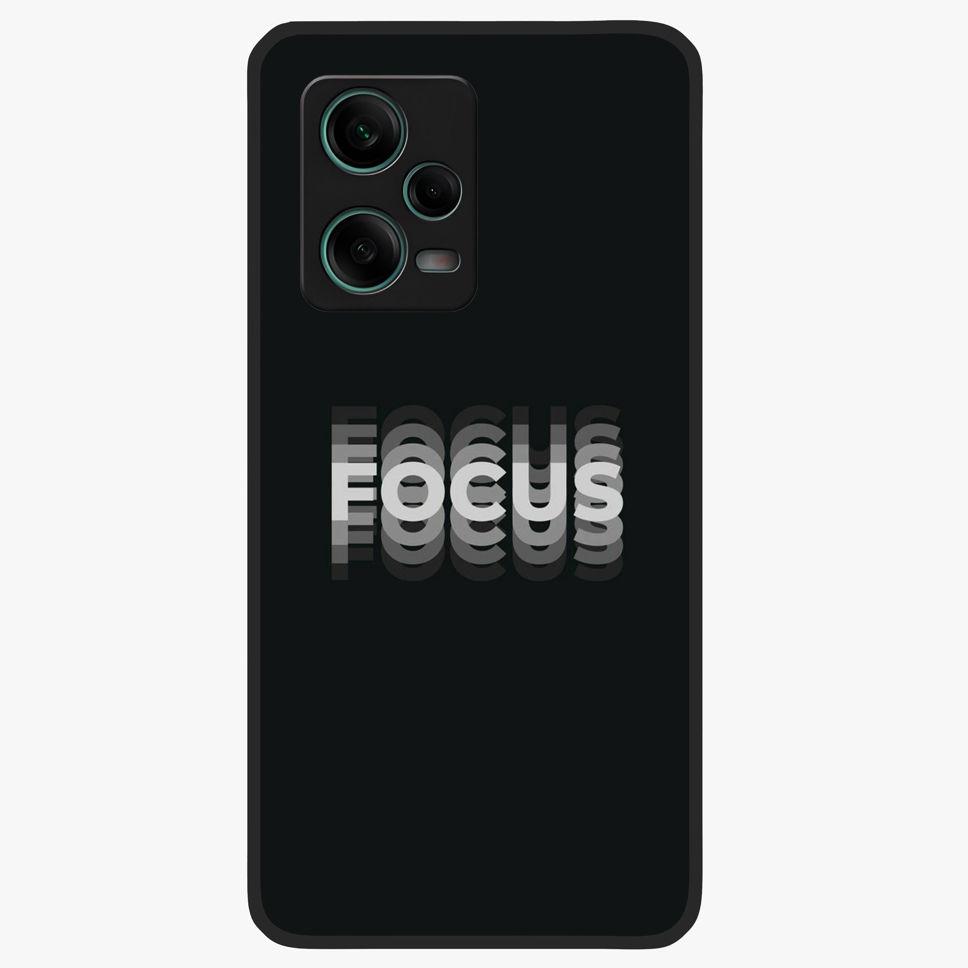 Focus Mode On Glass Case showing flat back view with bold motivational typography design and glossy glass finish.