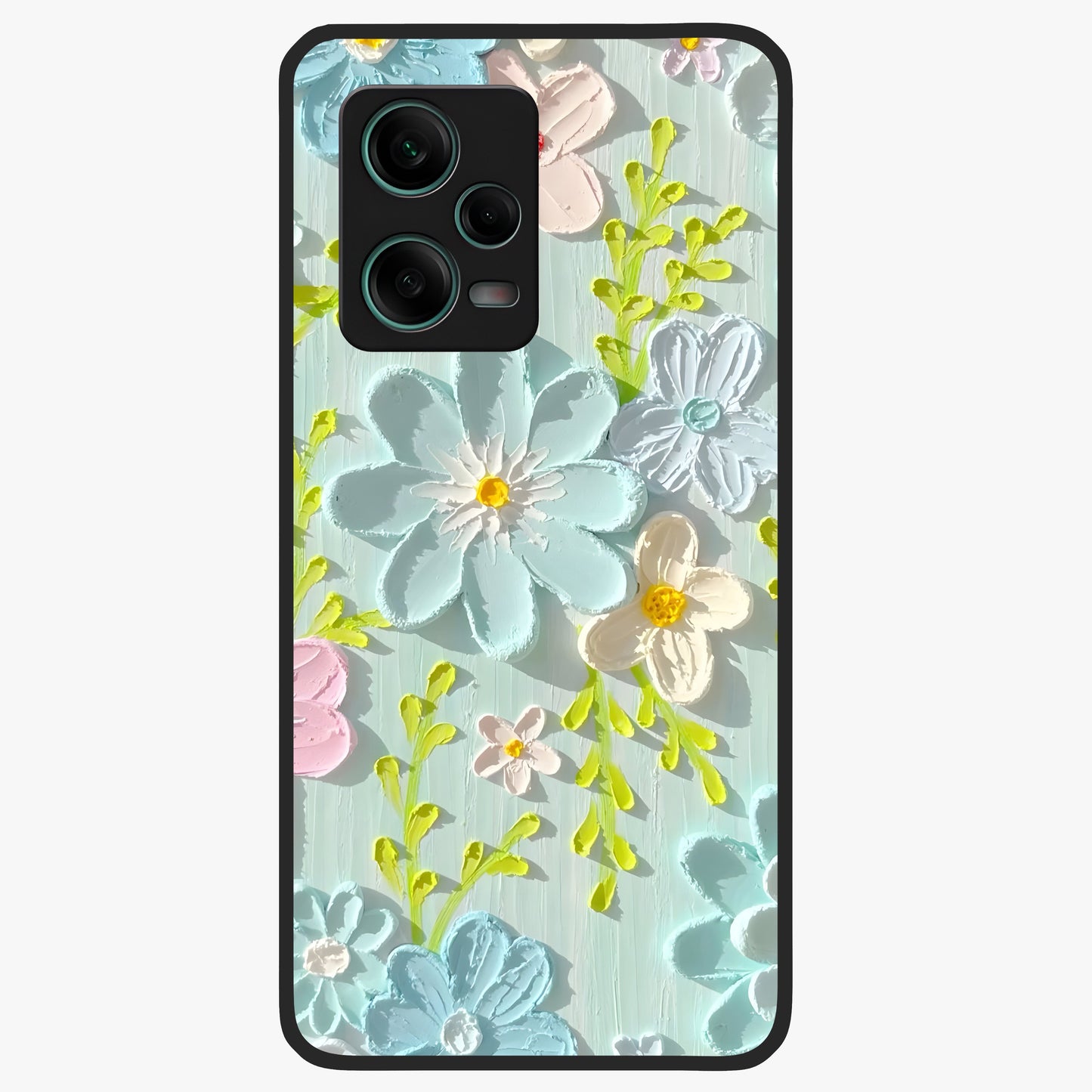Frosted Petal Garden Glass Case showing flat back view with soft frosted floral artwork and glossy glass finish.