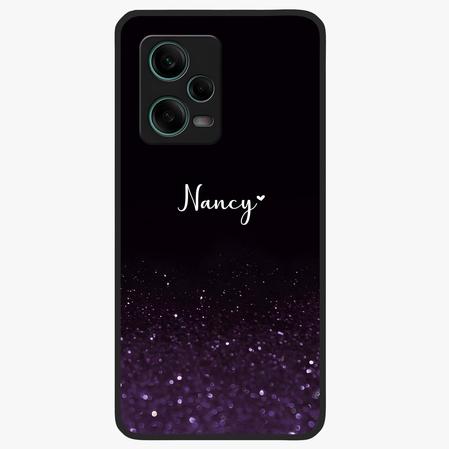Glittery Purple Bokeh Custom Name Glass Case showing flat back view with purple bokeh sparkle artwork and personalized name design.