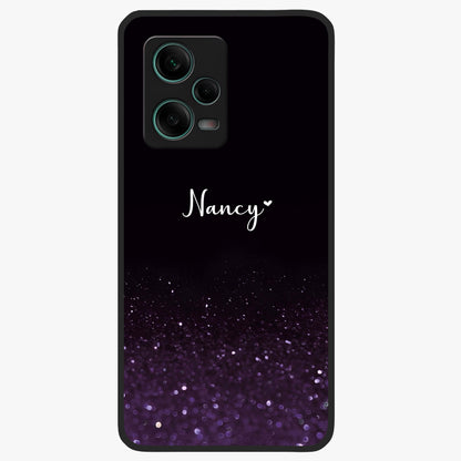 Glittery Purple Bokeh Custom Name Glass Case showing flat back view with purple bokeh sparkle artwork and personalized name design.