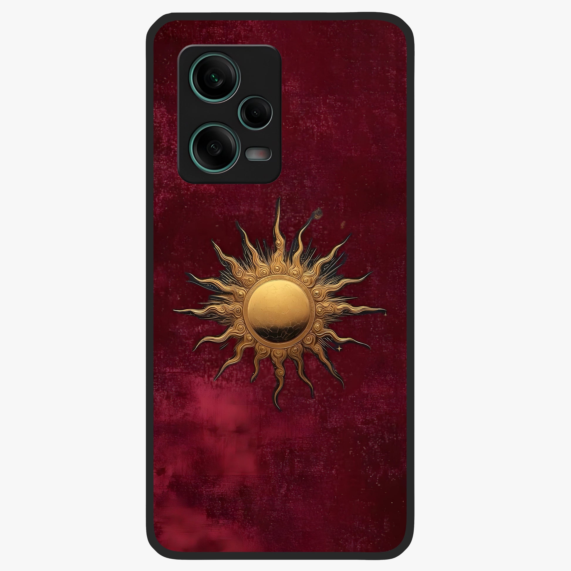 Gold Sun Blush Glass Case showing flat back view with golden sun inspired artwork and glossy glass finish.