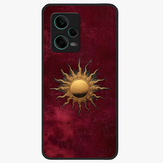 Gold Sun Blush Glass Case showing flat back view with golden sun inspired artwork and glossy glass finish.
