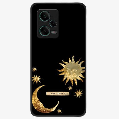 Golden Celestial Charm Glass Case showing flat back view with golden celestial charm artwork and glossy glass finish.