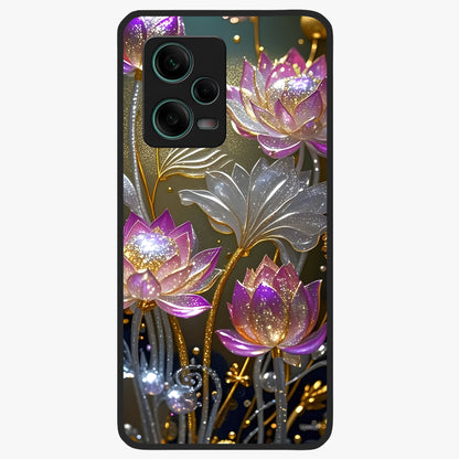 Golden Lotus Glow Glass Case showing flat back view with glowing lotus flower artwork and glossy glass finish.