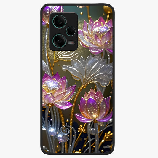 Golden Lotus Glow Glass Case showing flat back view with glowing lotus flower artwork and glossy glass finish.