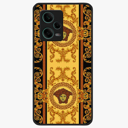 Golden Royal Heritage Glass Case showing flat back view with ornate royal pattern artwork and glossy glass finish.