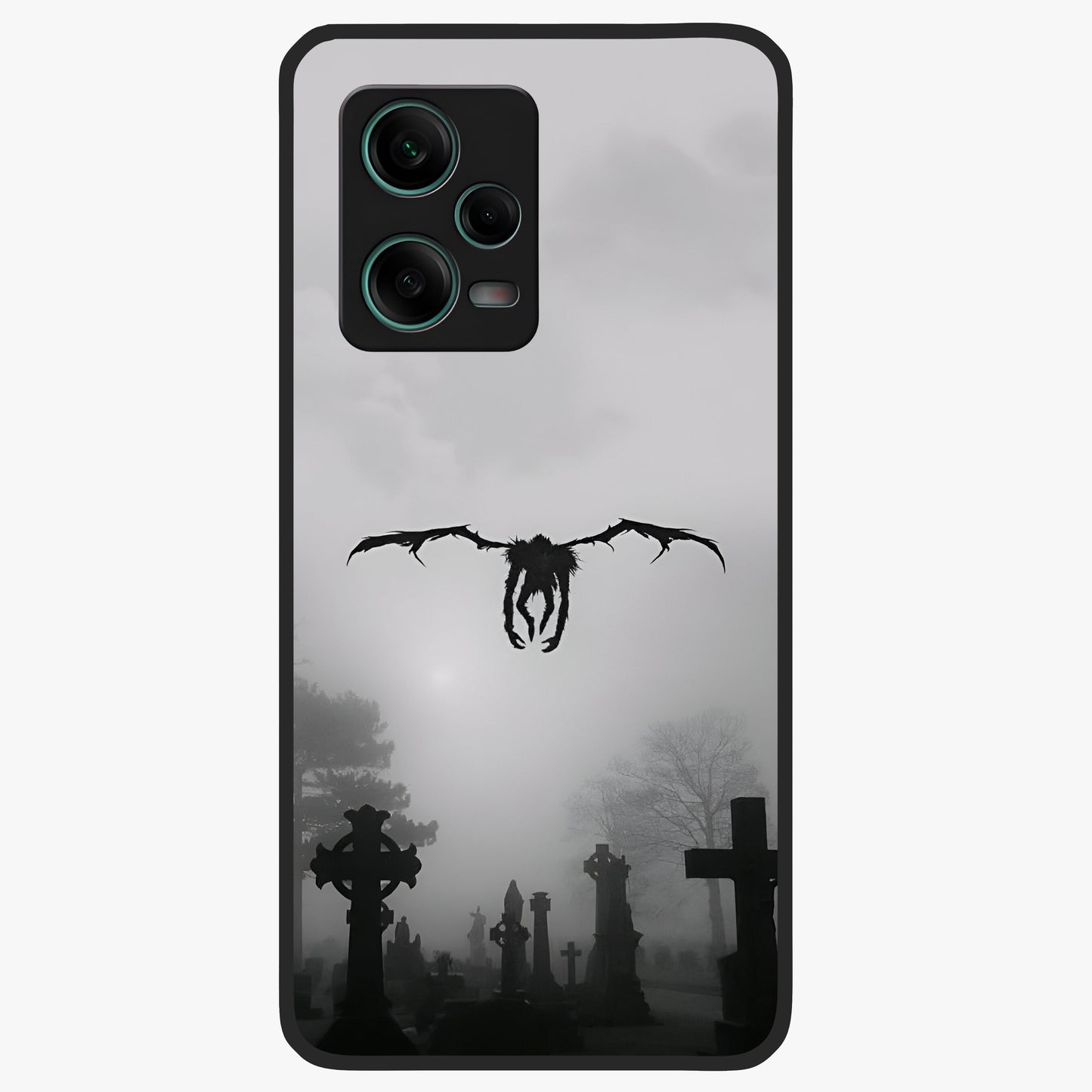 Graveyard Shadow Descent Glass Case showing flat back view with dark graveyard themed artwork and glossy glass finish.