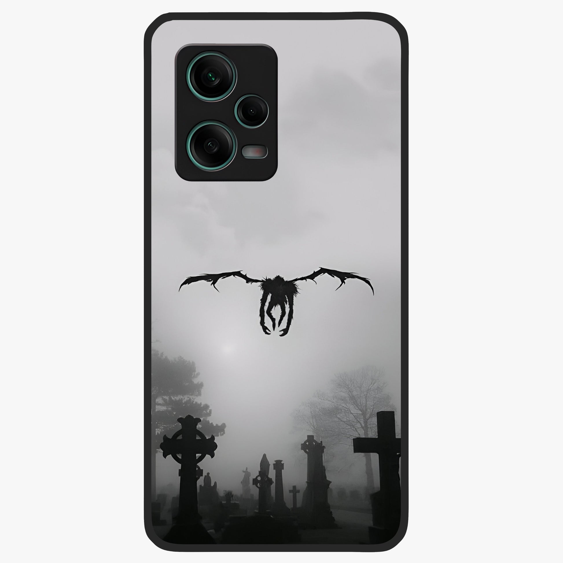 Graveyard Shadow Descent Glass Case showing flat back view with dark graveyard themed artwork and glossy glass finish.