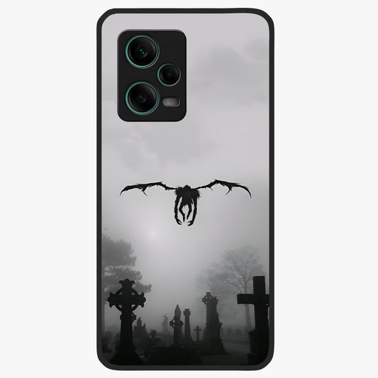 Graveyard Shadow Descent Glass Case showing flat back view with dark graveyard themed artwork and glossy glass finish.