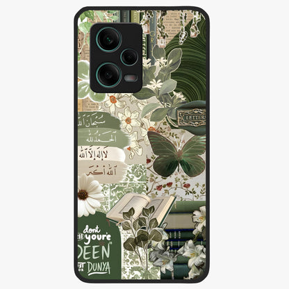Green Islamic Books Quotes Glass Case showing flat back view with Islamic quotes and book themed artwork and glossy glass finish.