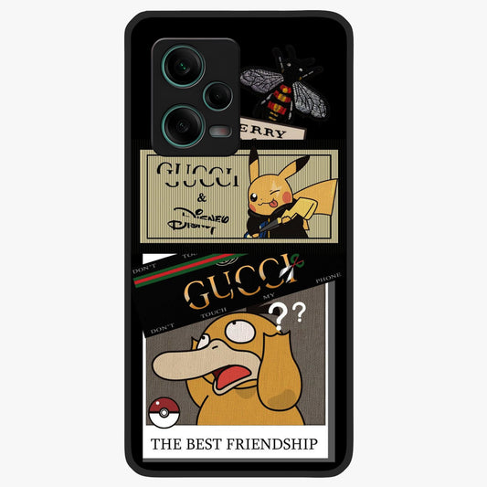 Gucci Play Mashup Glass Case showing flat back view with luxury inspired graphic artwork and glossy glass finish.