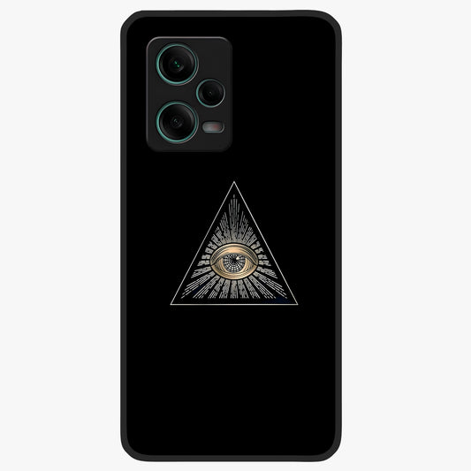 Illuminati Evil Glass Case showing flat back view with mysterious illuminati symbol artwork and glossy glass finish.