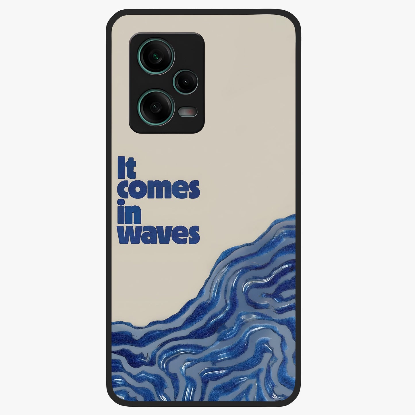 It Comes In Waves Quote Glass Case showing flat back view with inspirational wave themed quote artwork and glossy glass finish.