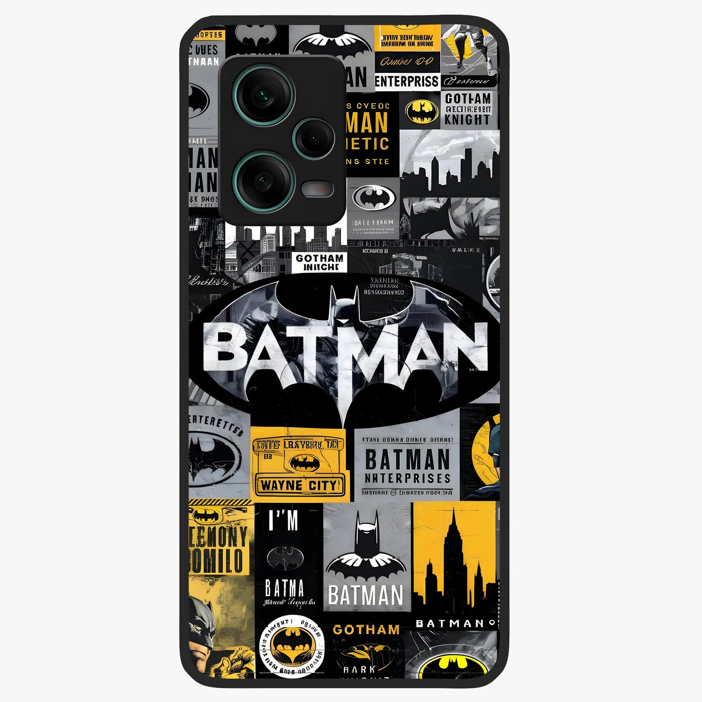 Knight Gotham Rise Glass Case showing flat back view with dark hero inspired artwork and glossy glass finish.