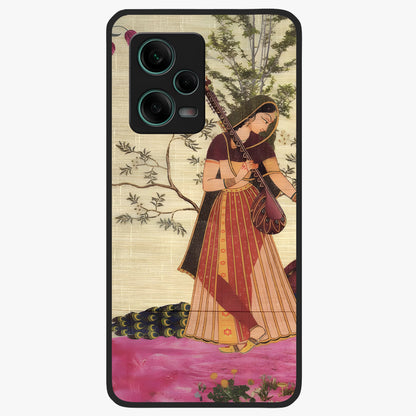 Lady With Veena Art Glass Case showing flat back view with elegant woman playing veena artwork and glossy glass finish.