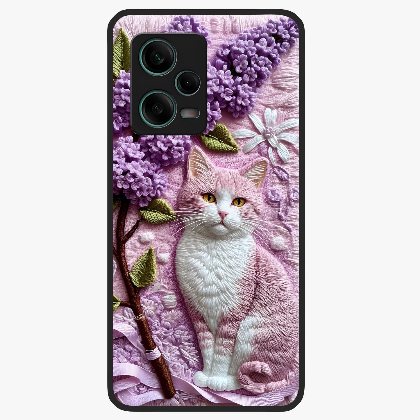 Lavender Cat Whimsy Glass Case showing flat back view with cute lavender cat artwork and glossy glass finish.