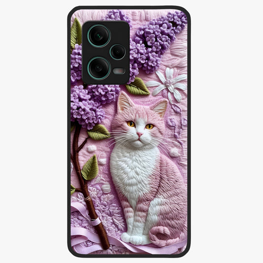 Lavender Cat Whimsy Glass Case showing flat back view with cute lavender cat artwork and glossy glass finish.