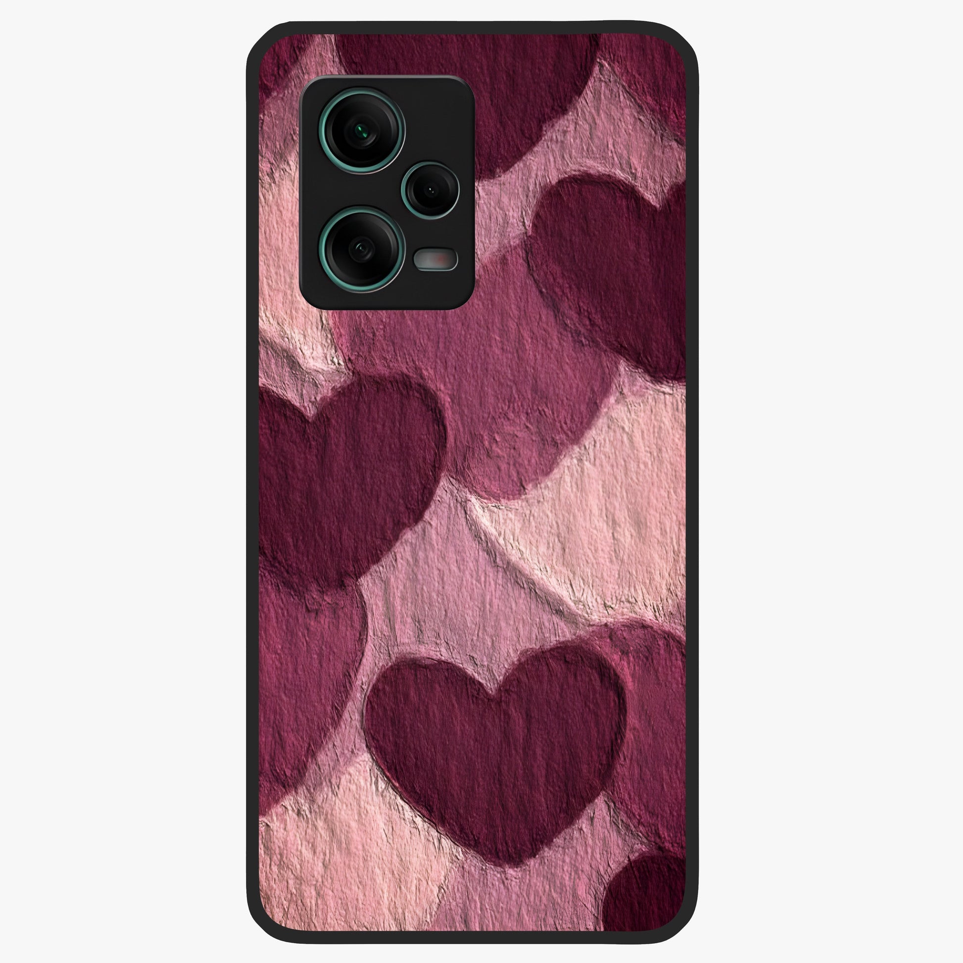 Layered Paper Hearts Glass Case showing flat back view with layered paper heart artwork and glossy glass finish.