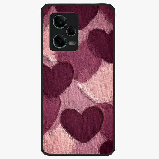 Layered Paper Hearts Glass Case showing flat back view with layered paper heart artwork and glossy glass finish.