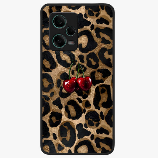 Leopard Wild Cherry Glass Case showing flat back view with leopard pattern and cherry artwork and glossy glass finish.