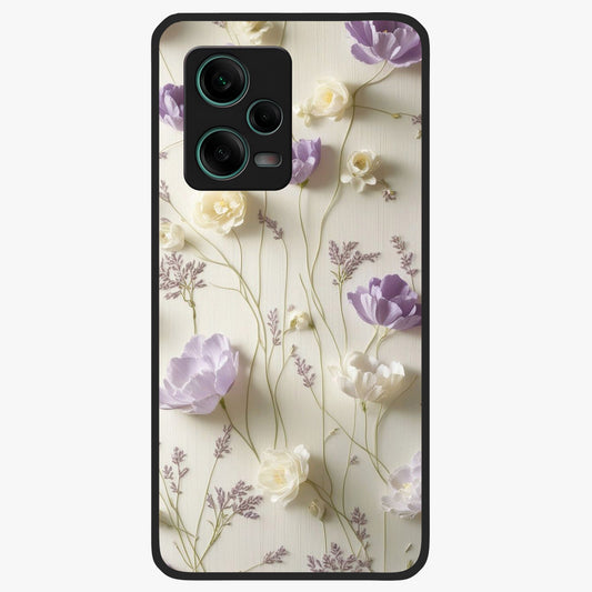 Lilac Breeze Harmony Glass Case showing flat back view with soft lilac themed artwork and glossy glass finish.